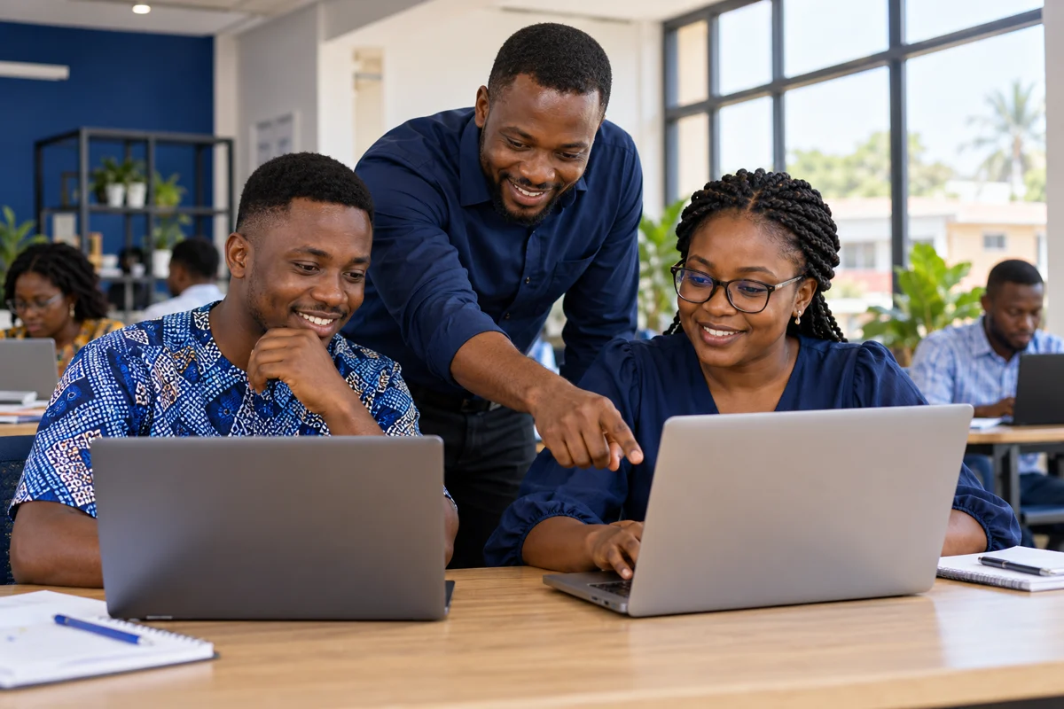 Illustrative scene of a Ghanaian teacher helping adult learners use laptops.