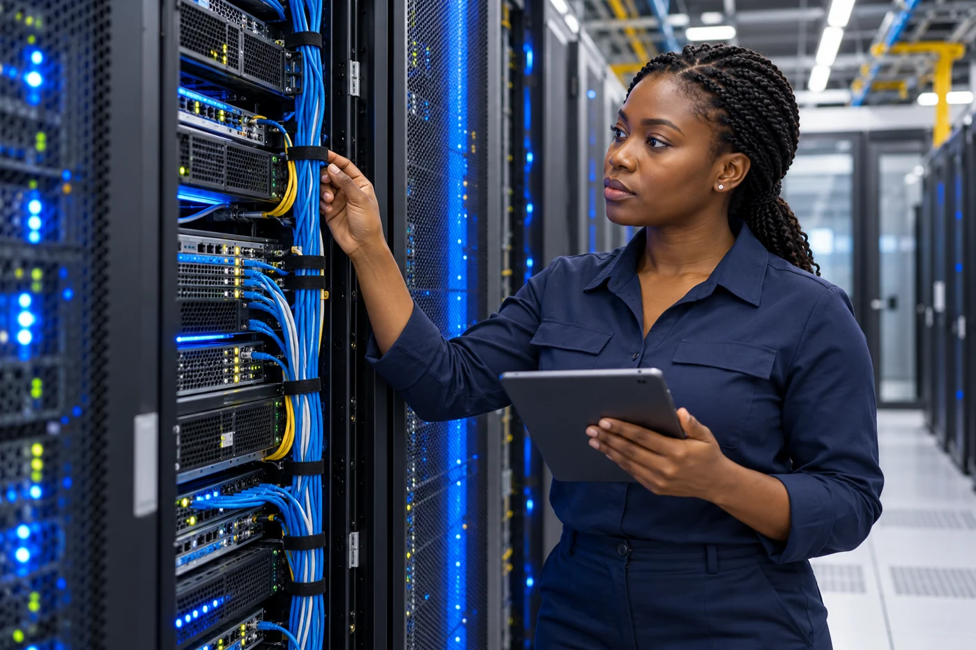 Illustrative portrait of an IT engineer inspecting server infrastructure.