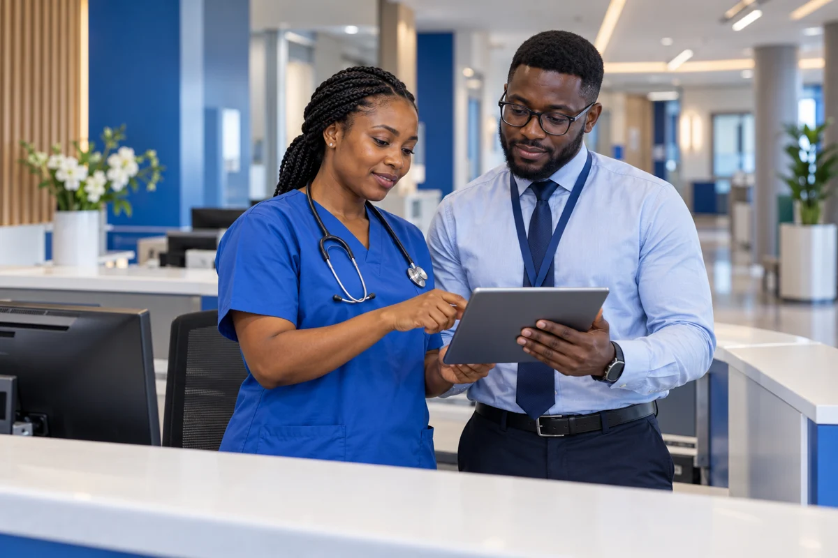 Illustrative scene of healthcare and IT professionals reviewing digital systems.