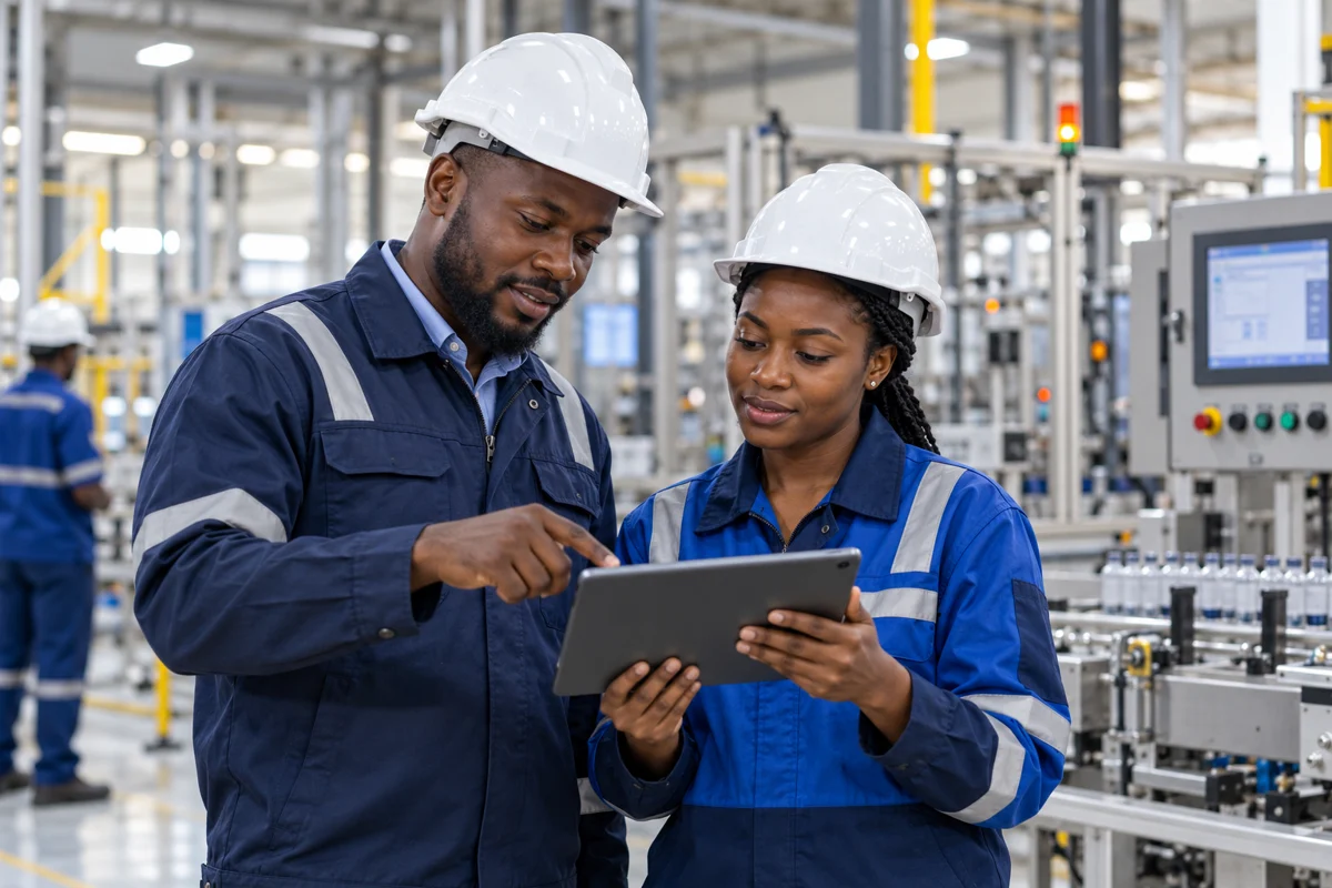 Illustrative scene of industrial and technology specialists reviewing operations.