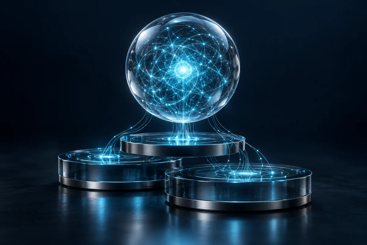 Glass intelligence core linked to layered platforms by illuminated data connections.