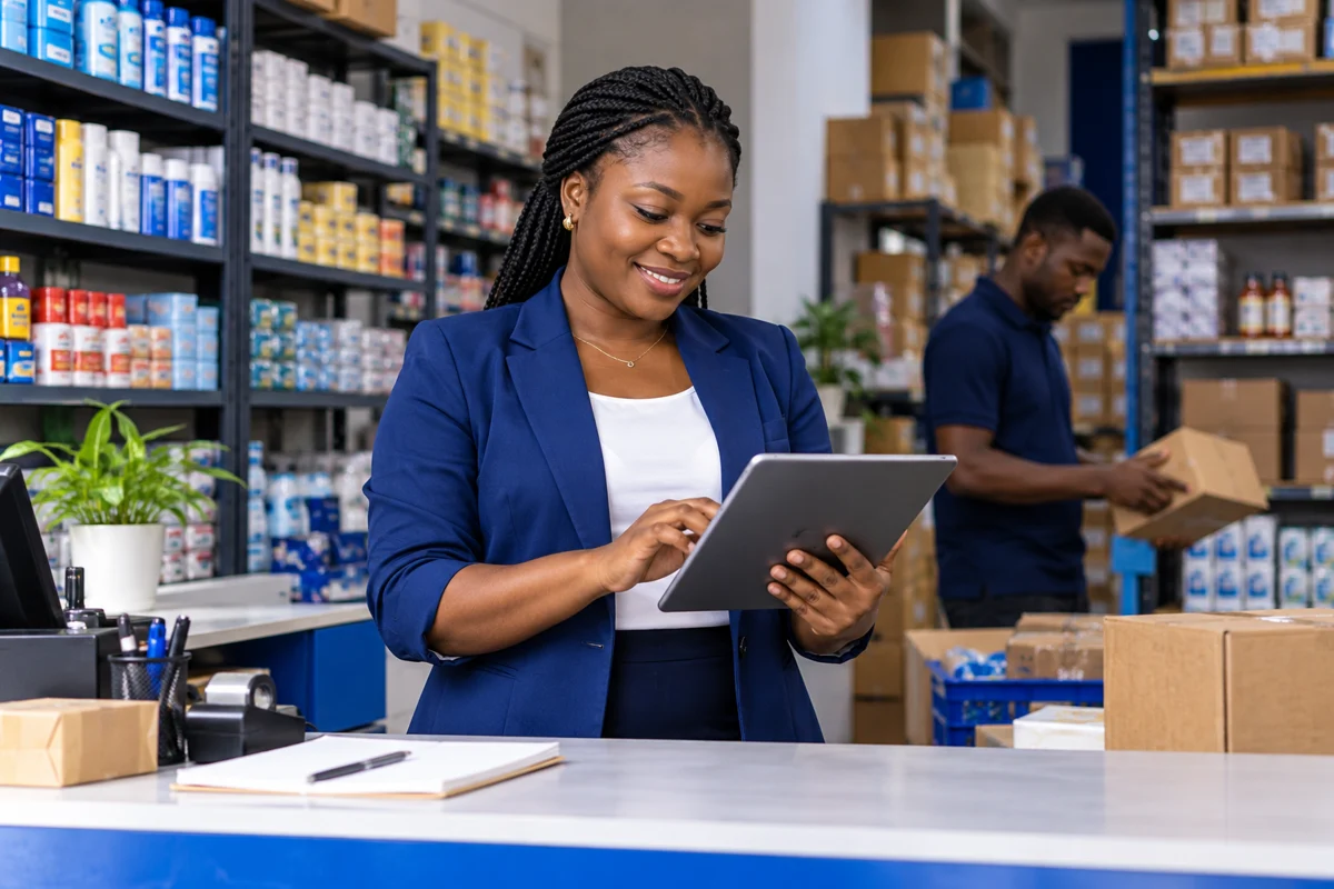 Illustrative scene of a Ghanaian business owner managing retail inventory with a tablet.