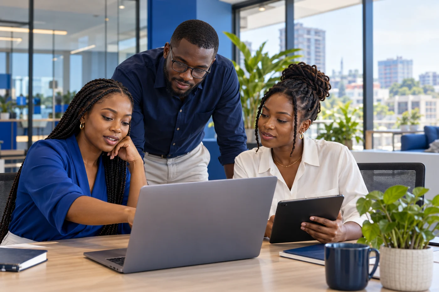 Illustrative scene of Ghanaian technology professionals collaborating in a modern office.
